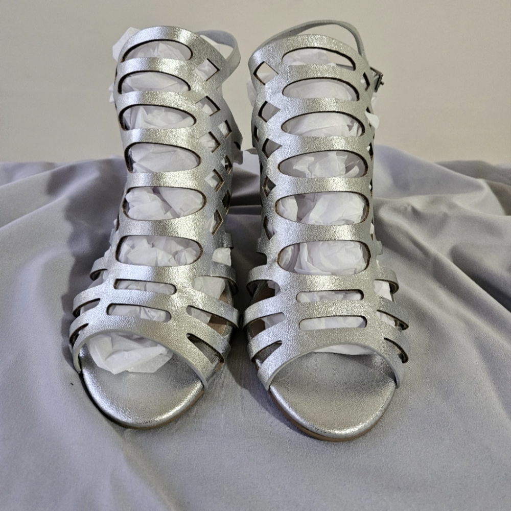 Silver Mettalic Open Toe Slingback Heels